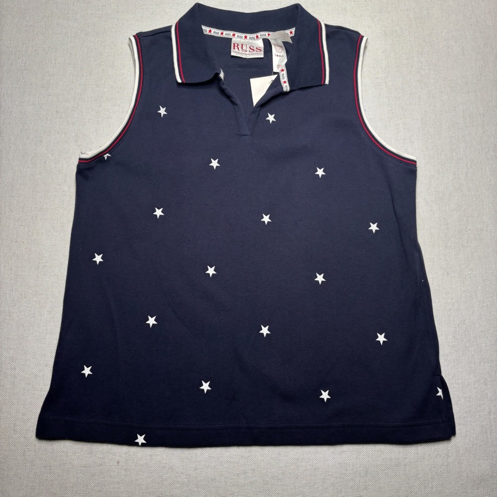 New Russ Americana Stars Sleeveless‎ Polo Shirt Collared Women Large 12 14